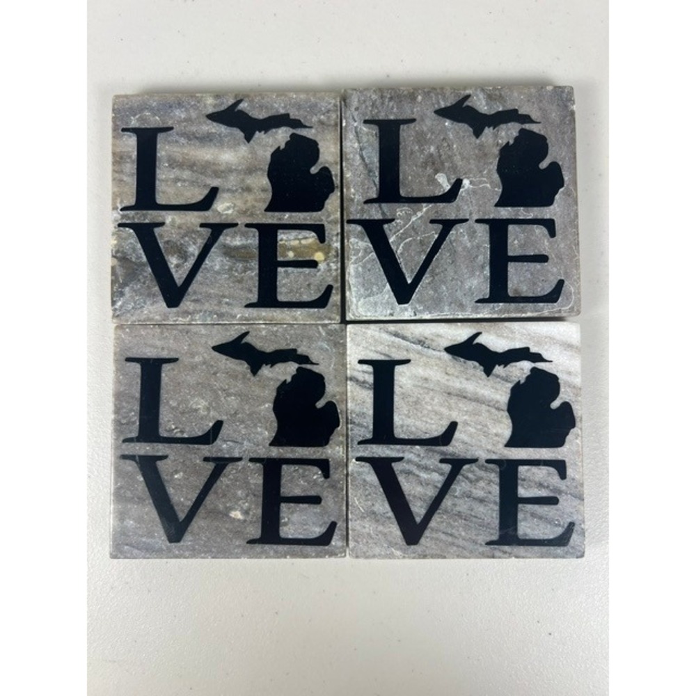 Michigan LOVE Marble Stone Coasters Set of 4 Grey White Natural Veining India